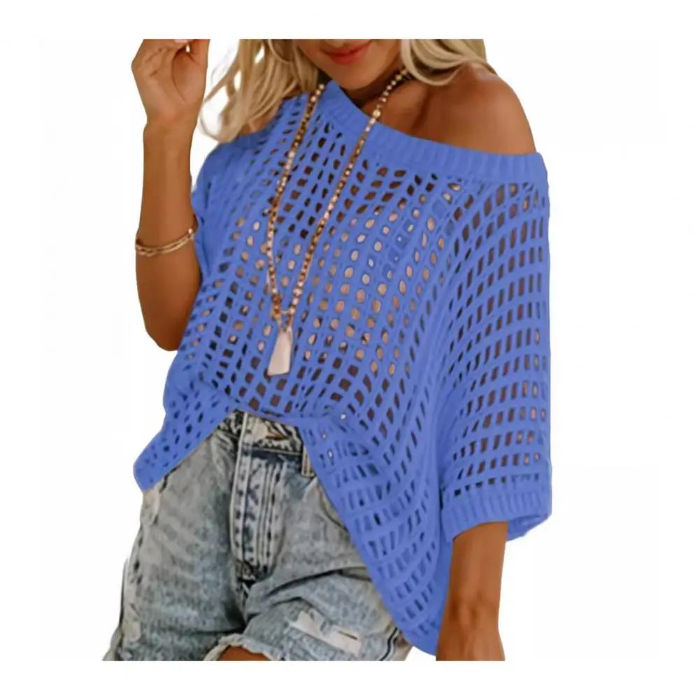 Short Sleeve See-through Crochet Hollow Knit Sweater