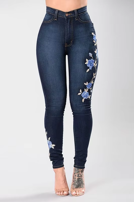 High Waist Flower Embroidered Denim Jeans