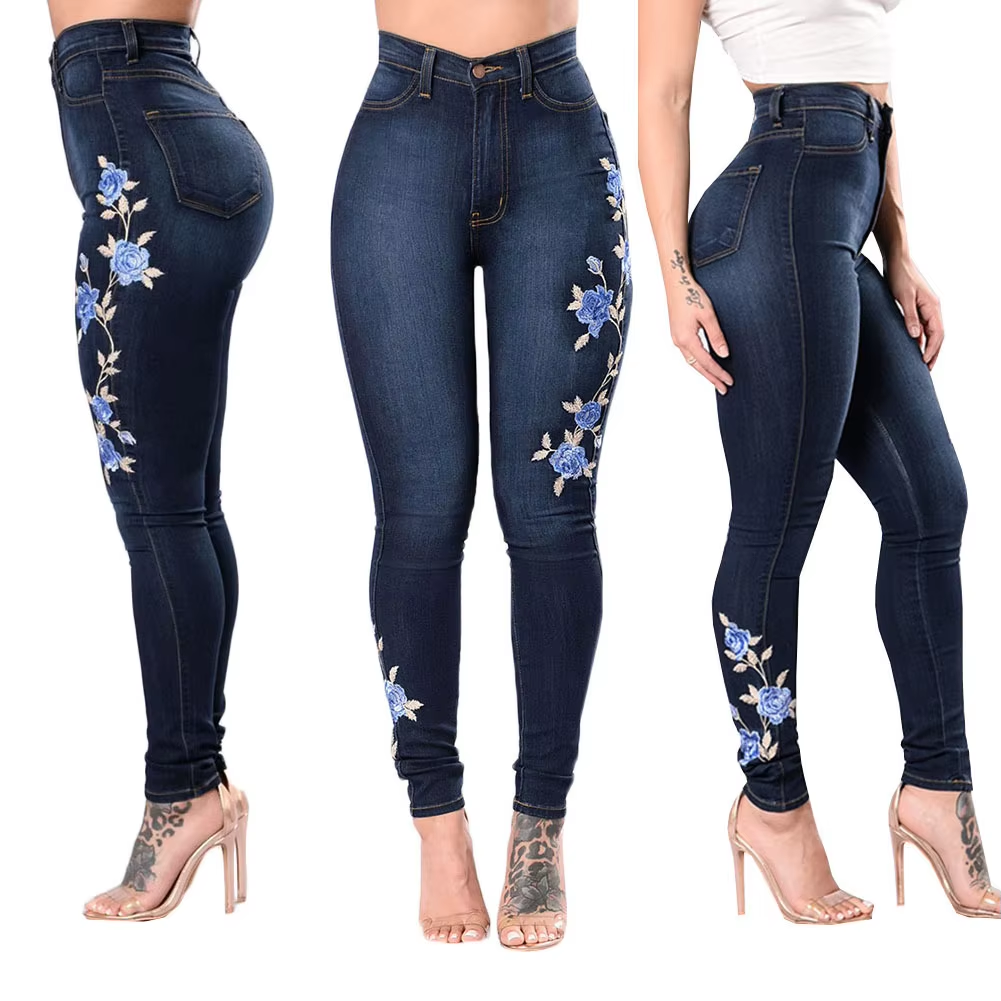 High Waist Flower Embroidered Denim Jeans